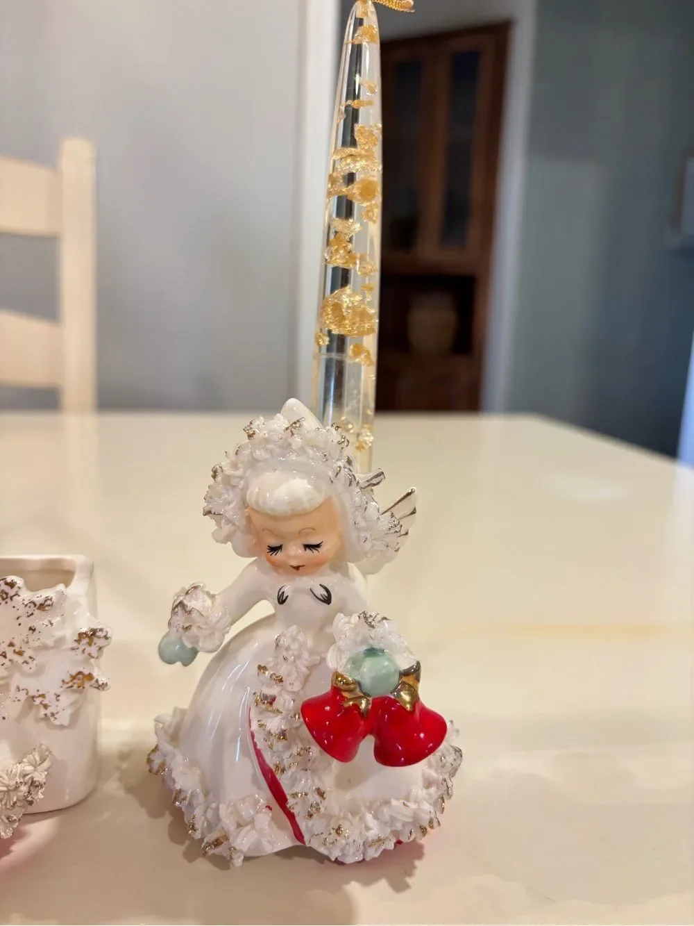 Vintage 1958 HoltHoward Ermine Angel Candle Holders Planter Spaghetti Trim Japan